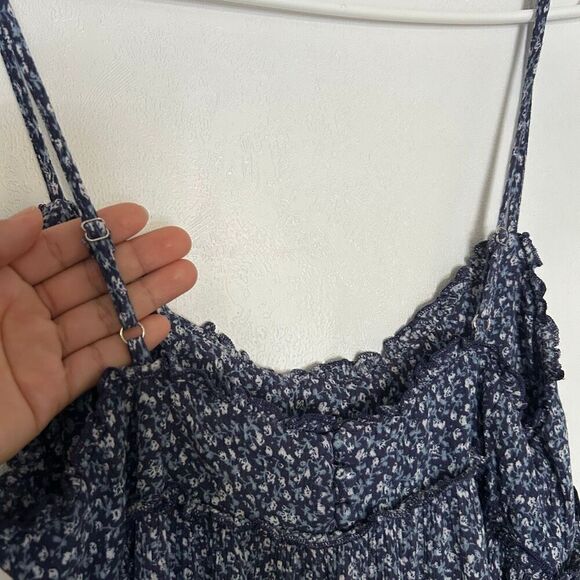 Lulus Floral Tiered Mini Dress Women’s Size M Navy Blue Ruffle Strappy - Picture 4 of 7